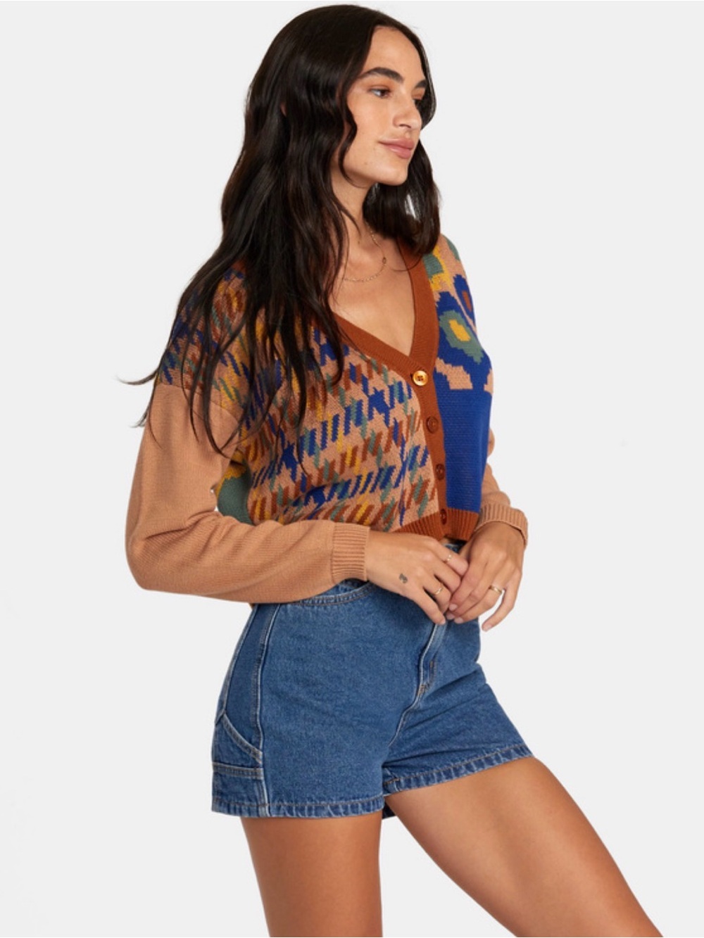 RVCA Women's Multi-Color Patterned Button-Up Cropped Cardigan Sweater